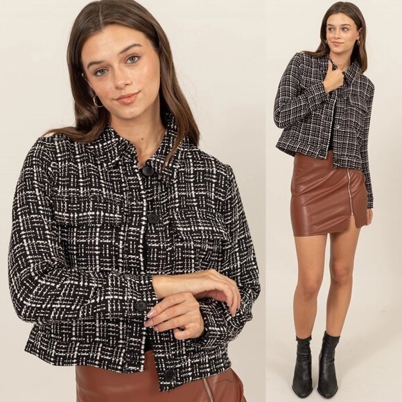 Marianne Tweed Button-Up Jacket | Women's Black and White Fashion | Trendy - Picture 1 of 8